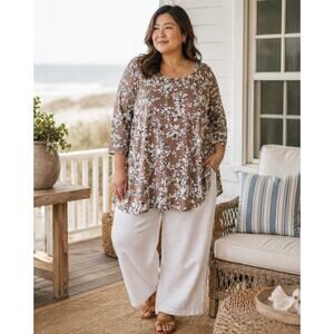 J. Jill Luxe Supima Floral Tunic Top Women’s 3X Brown Green 3/4 Sleeve Coastal